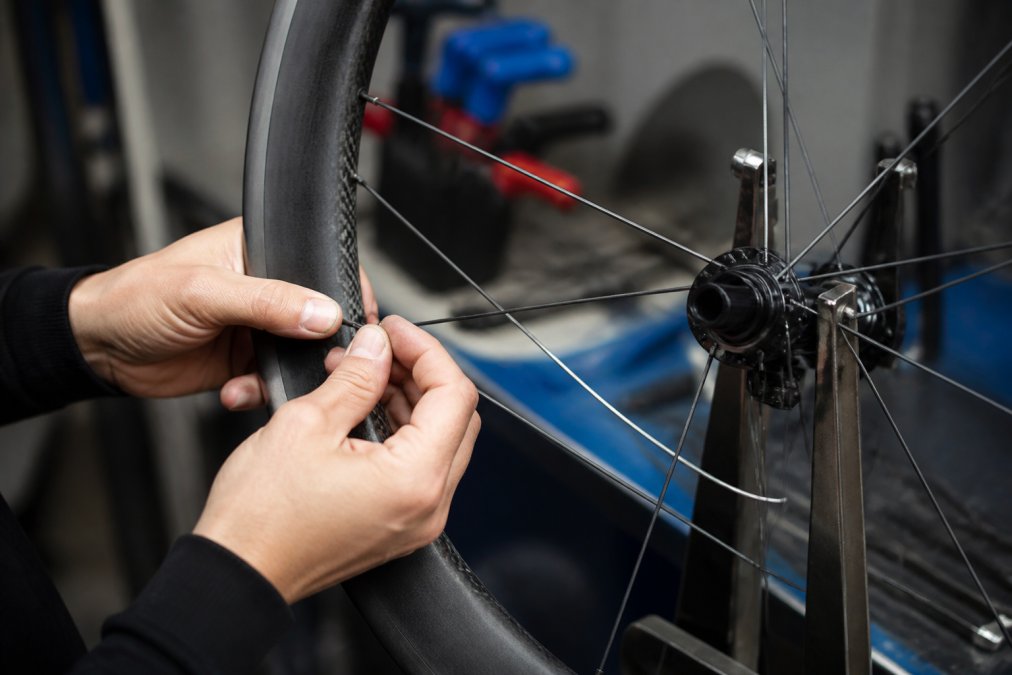 Close-up of hands assembling a carbon fibre road wheel in a workshop, showing spoke lacing and rim construction detail under bright task lighting