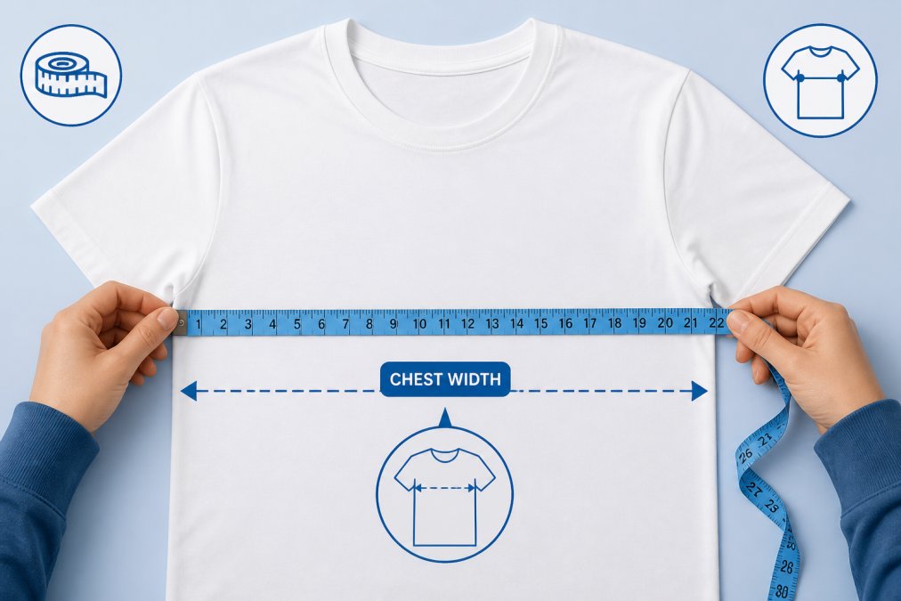 Close-up of hands using a soft measuring tape on a laid-flat white t-shirt, showing precise chest width measurement with the tape positioned horizontally across the garment's widest point, natural studio lighting