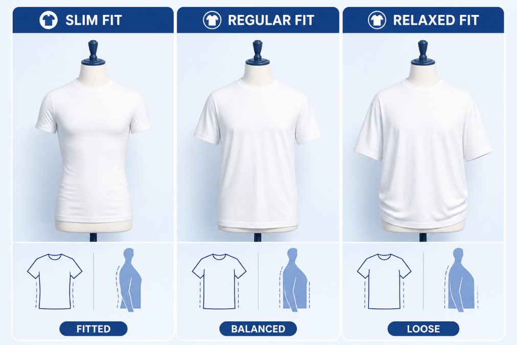 Three identical white t-shirts displayed side-by-side on dress forms showing distinct silhouettes, the leftmost fitted slim to the torso, the center showing balanced regular fit with moderate drape, and the rightmost with loose relaxed fit fabric gathering at the sides, neutral studio background with soft lighting