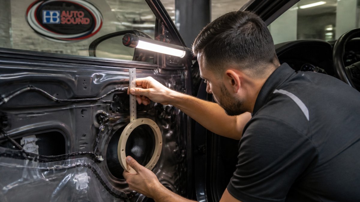 Professional technician carefully measuring door panel clearance and checking speaker pod fitment inside a vehicle door with precision tools and lighting