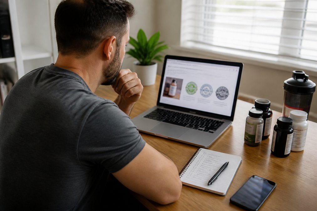 A health-conscious person sitting at a well-lit desk with a laptop open, reviewing a supplement brand's website for third-party certification seals, with a few supplement bottles and a handwritten checklist on a notepad beside them