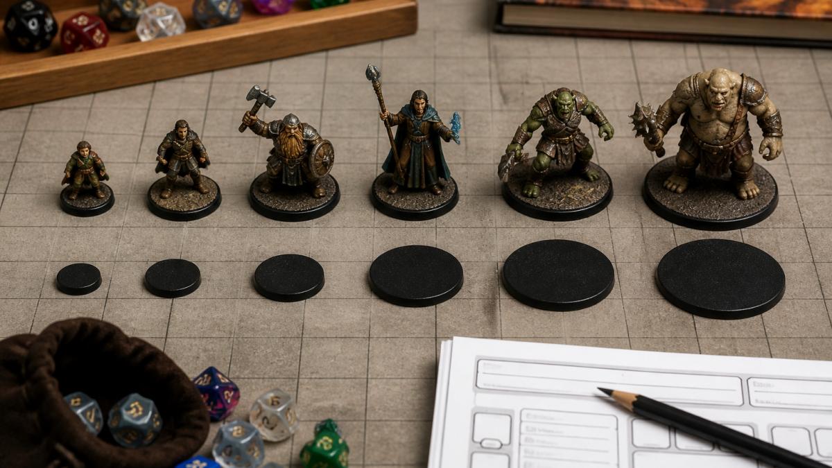 Overhead shot of a tabletop battle grid with several painted miniatures on round bases of different sizes, dice and a character sheet visible nearby