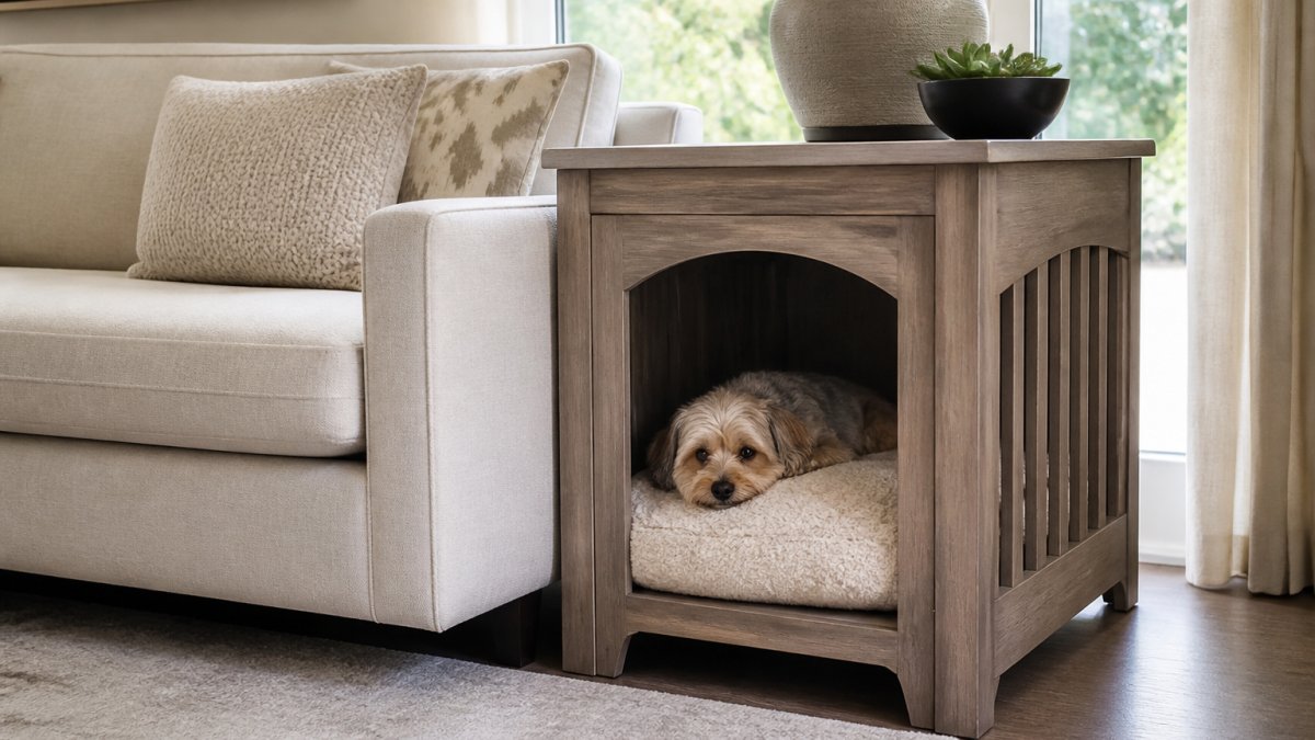 Diagram illustrating the integration of luxury wooden dog kennels into modern living room decor layouts