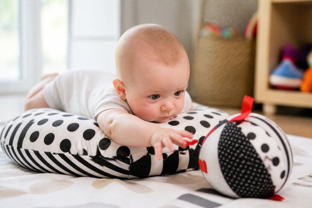 A baby on a tummy time pillow with high-contrast patterns reaching toward a soft sensory toy, demonstrating early motor control and visual engagement in natural daylight