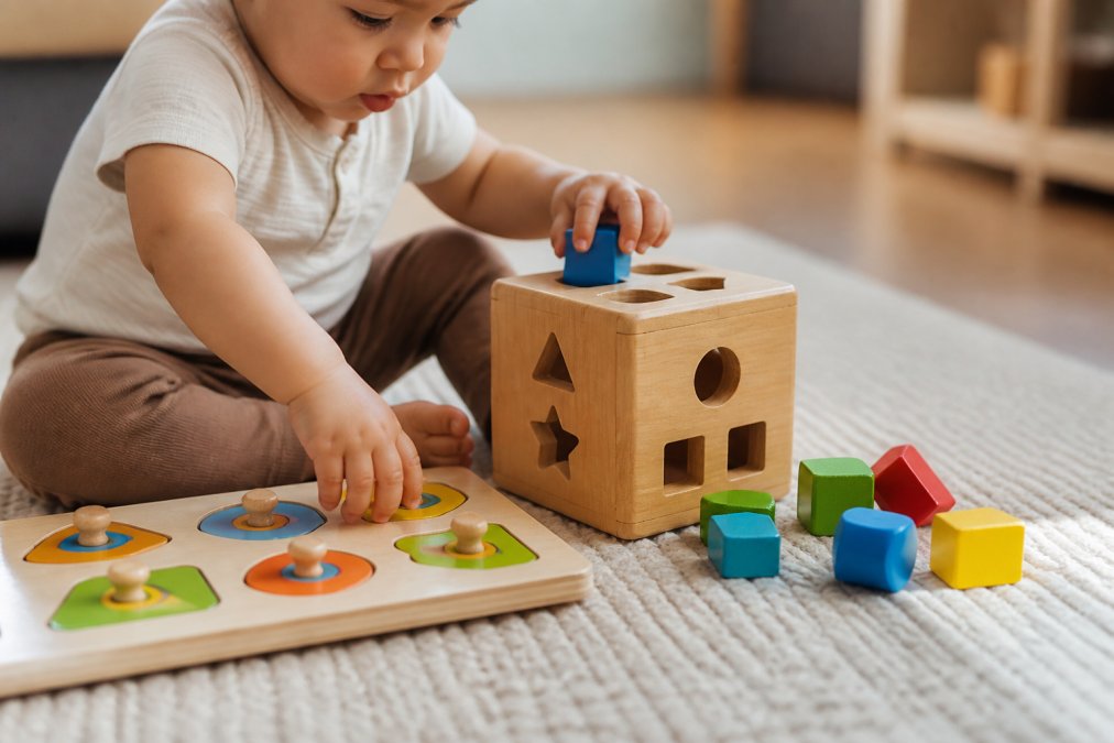 A toddler's hands manipulating wooden puzzle pieces and shape-sorting toy pieces, showing concentrated fine motor control and hand-eye coordination in natural daylight
