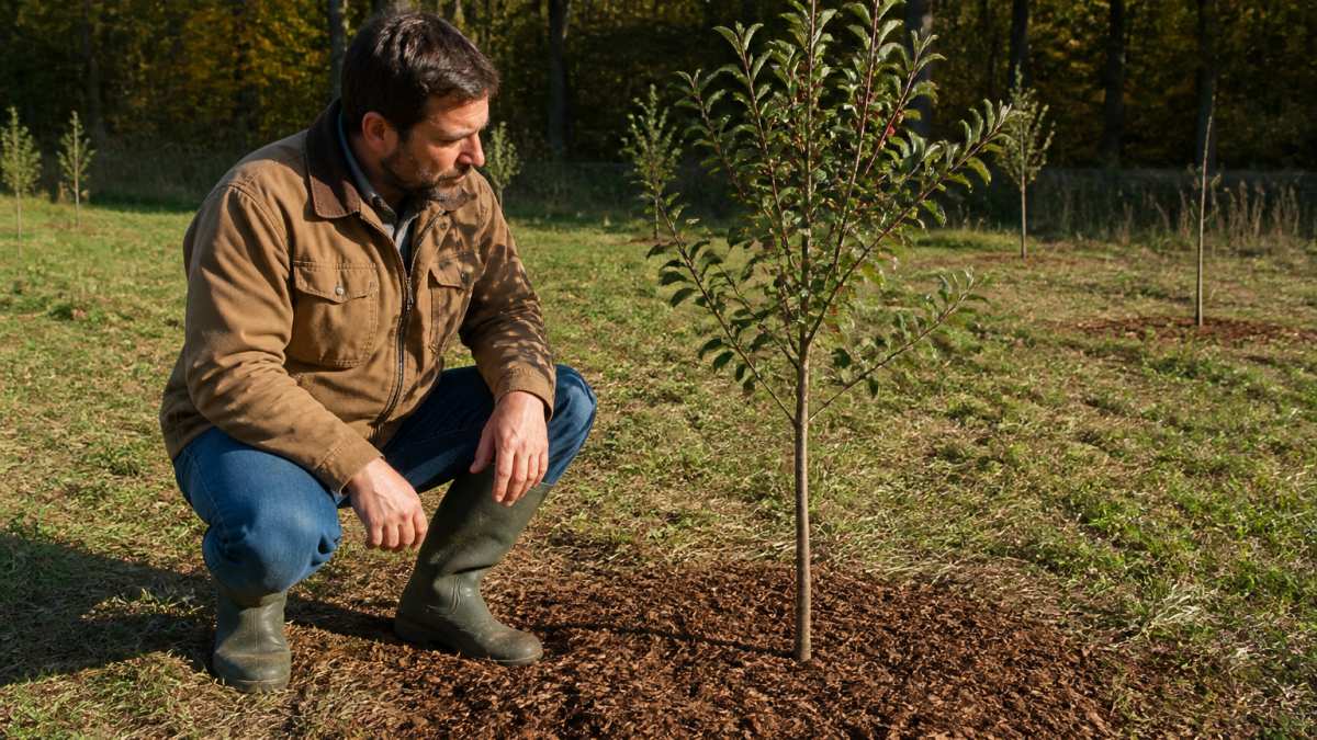 Landowner inspecting a young fruit tree planted in a sunny forest clearing with a freshly mulched base