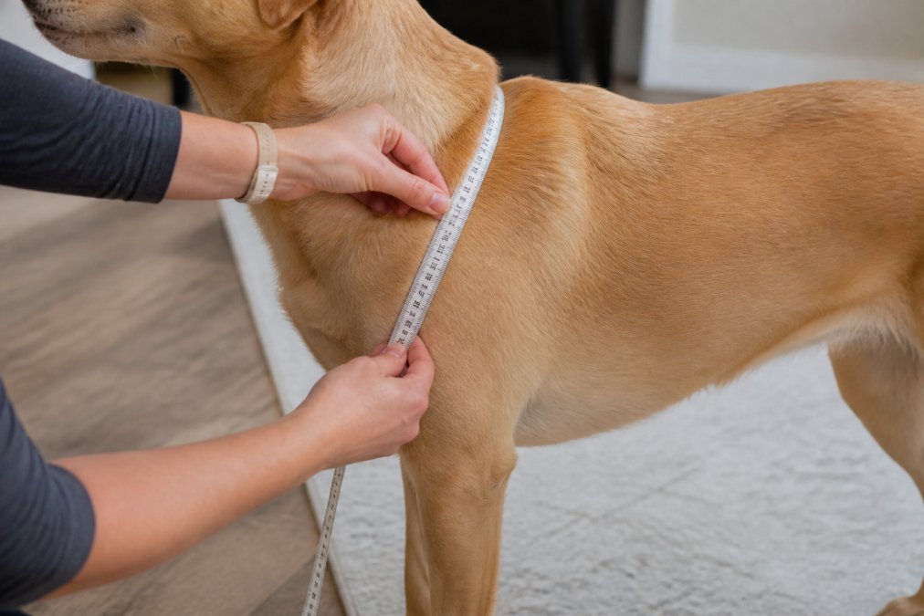 Close-up of a dog standing in proper position with a soft measuring tape positioned around the chest at the widest point behind the front legs, showing correct girth measurement placement with natural indoor lighting