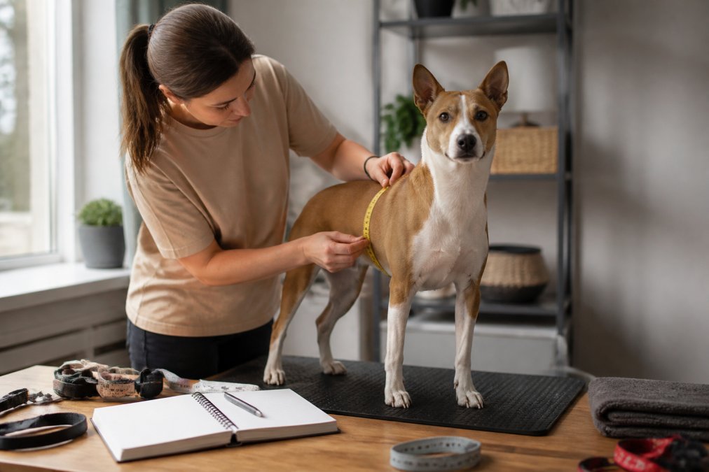 A person using a soft measuring tape to measure the widest part of a dog's chest while the dog stands calmly on a non-slip surface, with a notebook nearby for recording measurements