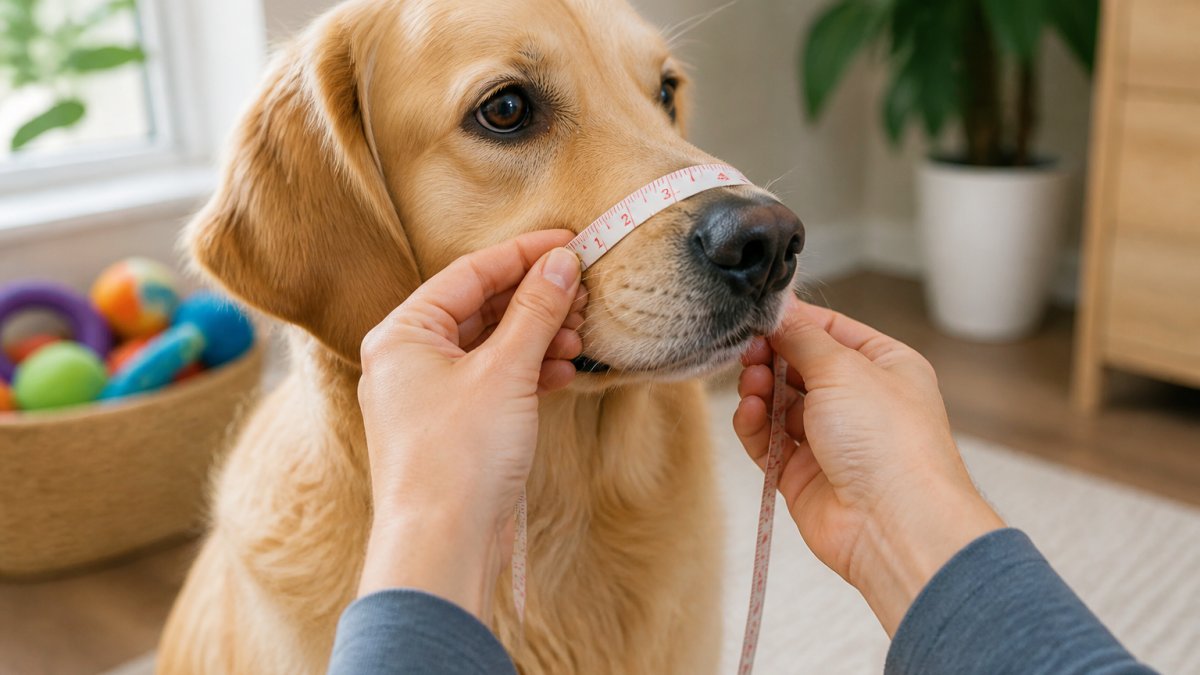 Dog owner's hands gently measuring a dog's muzzle width with a soft measuring tape, showing proper measurement technique with natural lighting
