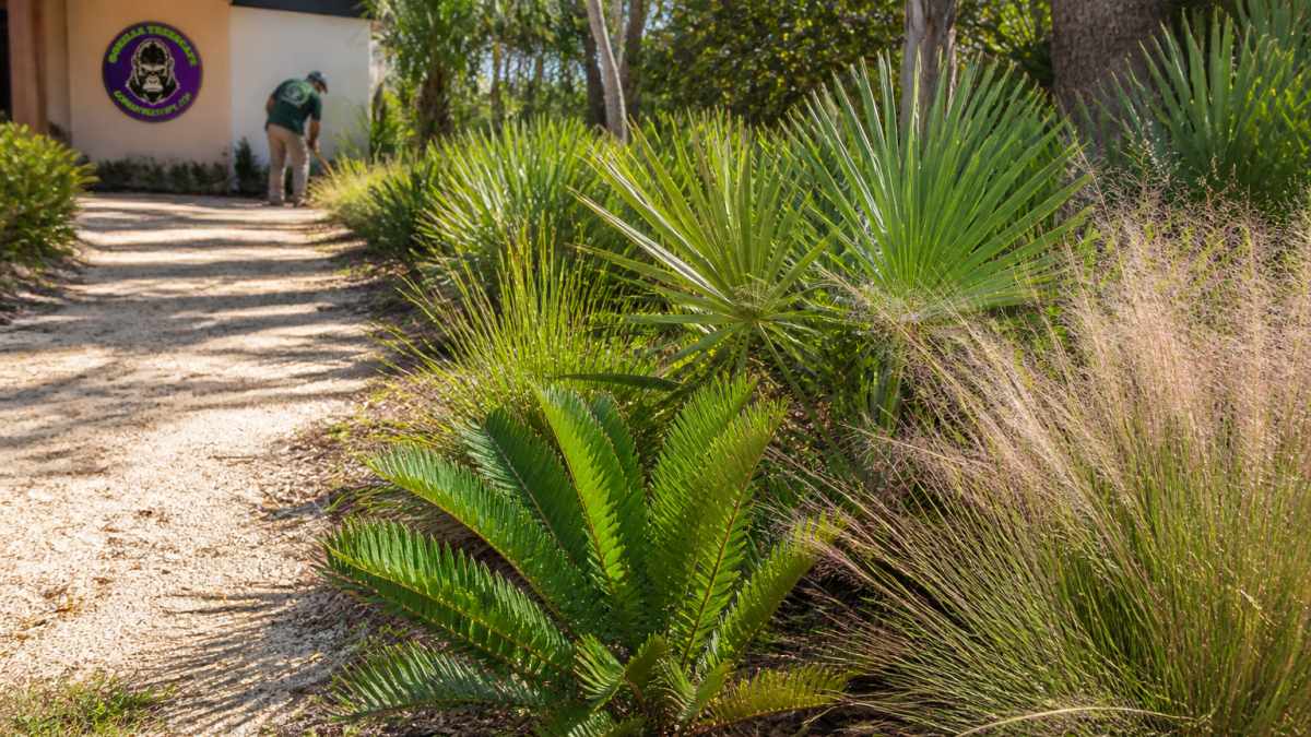 A sunlit South Florida yard with coontie, saw palmetto, and muhly grass planted in a naturalized bed beside a sandy path, showing a mix of textures and heights
