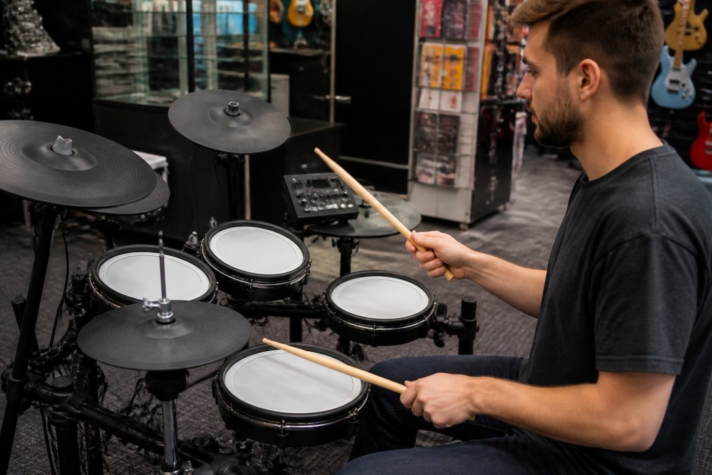 Drummer testing the balance and rebound of drumsticks for electronic drums on mesh pads in a music store