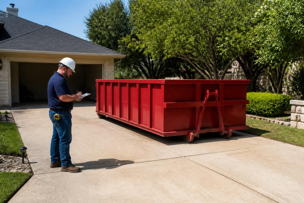 A red roll-off dumpster positioned flat on a residential driveway beside a house, with clear space on all sides and a contractor in a hard hat reviewing paperwork on a clipboard in afternoon light