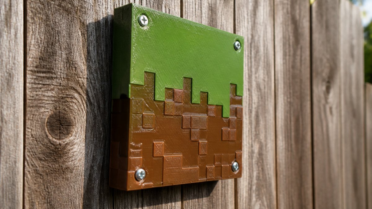 Weathered 3D printed sign mounted on a wooden fence in natural daylight, showing UV-protective clear coating finish and secure fastening hardware, with morning light highlighting the protective surface