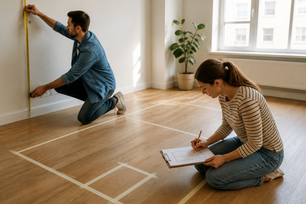 A couple measures an empty apartment living room and sketches a floor plan on a clipboard.