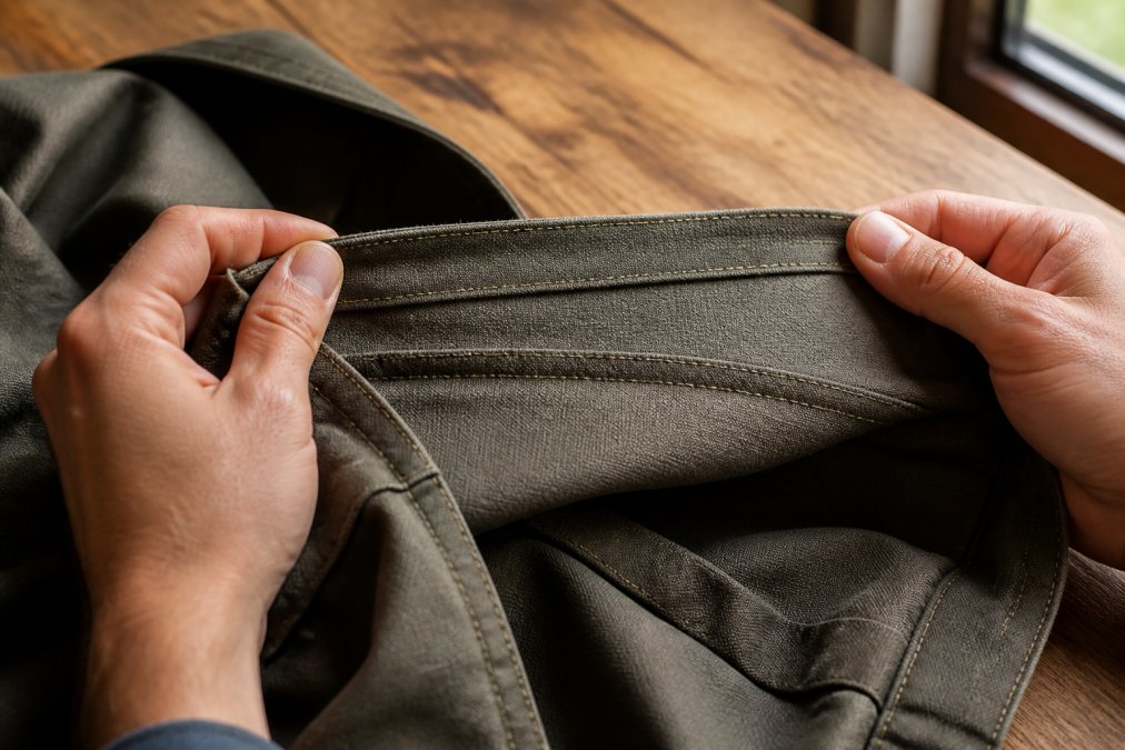 Close-up of hands inspecting the inside seam of a garment on a wooden table, showing reinforced double-stitched felling and a clean finished edge under warm natural window light