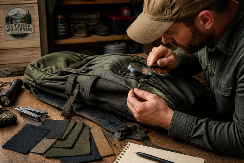 Close-up of hands inspecting the fabric and stitching of a camping backpack on a workbench, with a magnifying glass and fabric swatches nearby