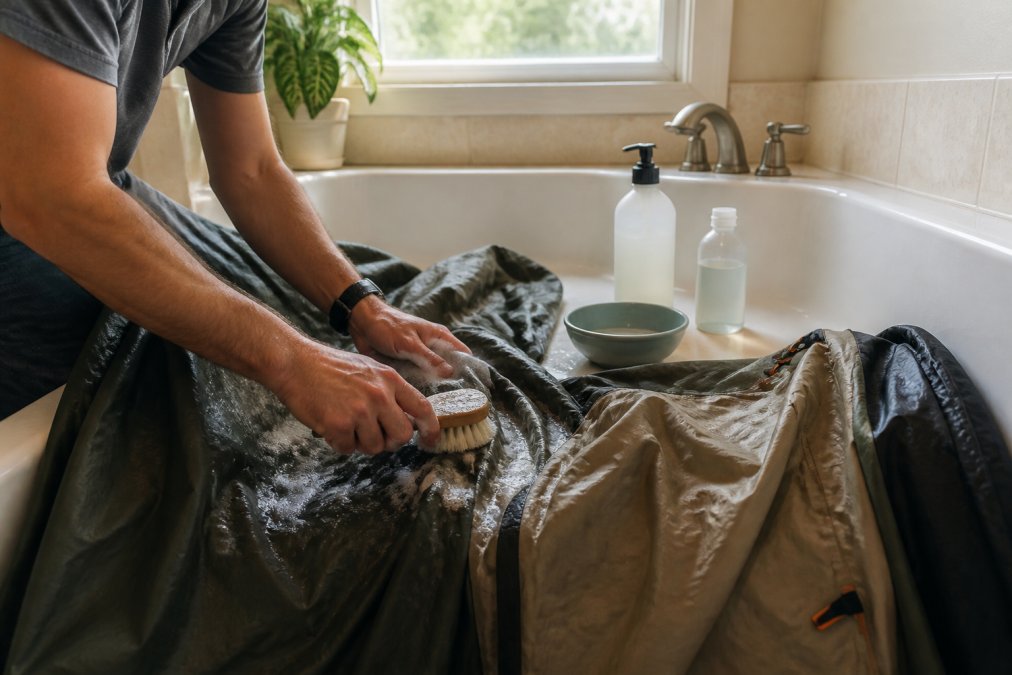 Person's hands carefully washing and cleaning a tent's interior with mild soap and soft brush in a home setting, with wet fabric draped over a bathtub edge and natural window light streaming in