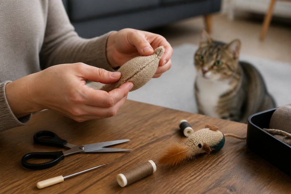 Close-up of a person's hands examining a worn cat toy, checking seams and fabric for damage, with a cat watching in the background on a living room floor