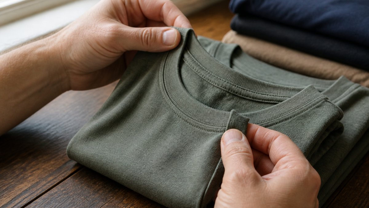 Close-up of hands examining a folded Christian t-shirt, showing details of seams, neckline stitching, and fabric weave under natural window lighting