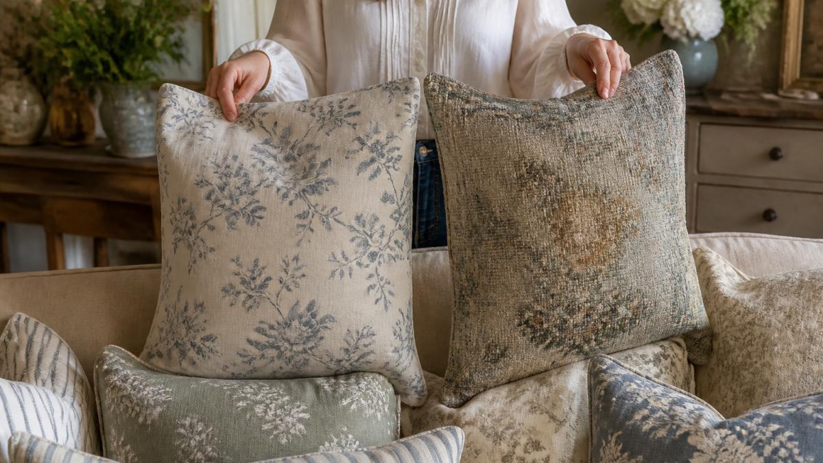 Hands comparing a smooth printed linen pillow cover and a textured woven tapestry cover in a sunny room.