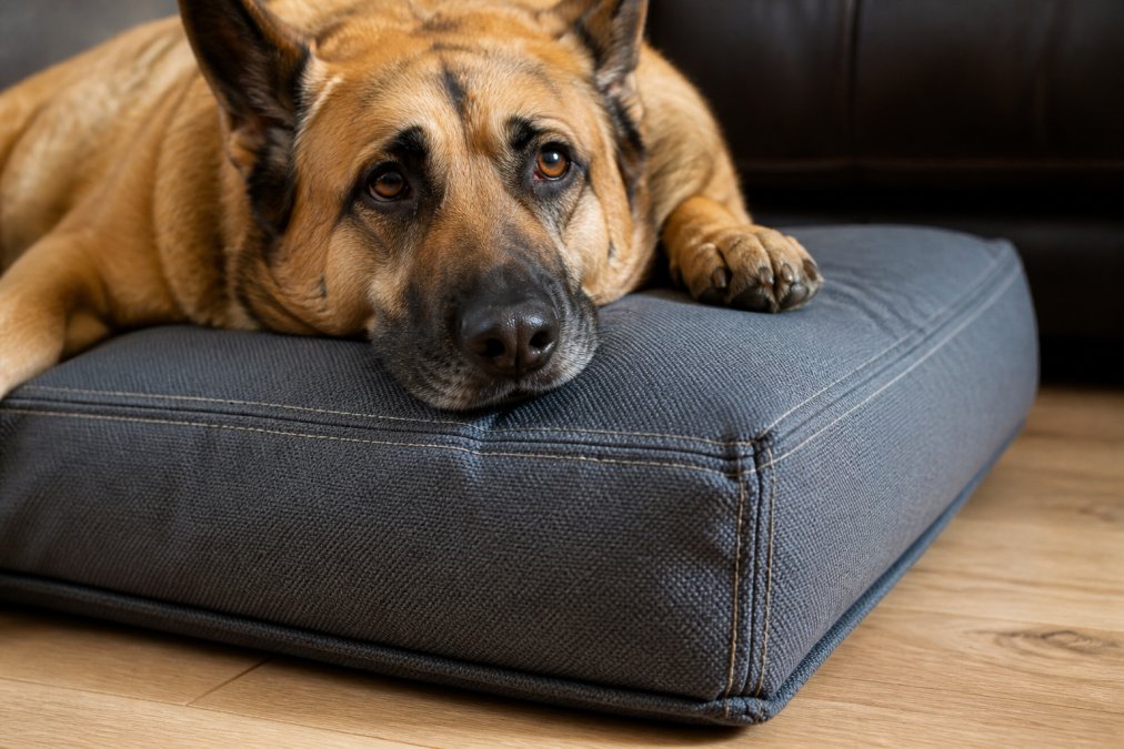 Close-up of a large dog resting on a heavy-duty bed, showing reinforced triple stitching along seams and durable ballistic-grade nylon fabric with visible construction details