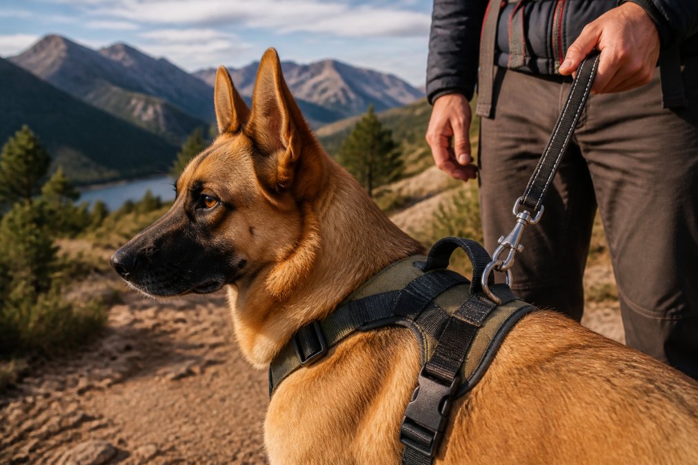A close-up photograph of a dog wearing a sturdy, adjustable harness during an outdoor hike, with a person holding the leash, showing the metal D-ring and webbing hardware in natural afternoon light