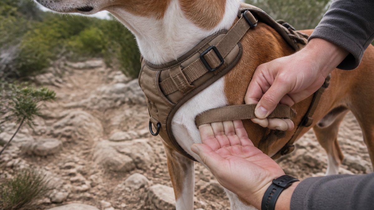 Hands checking the fit of a padded dog harness by sliding two fingers under the chest strap on a rocky trail.