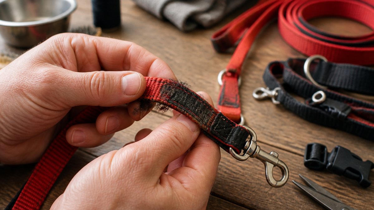 Close-up of hands examining a dog leash for fraying, stitching damage, and wear patterns on the webbing and attachment points