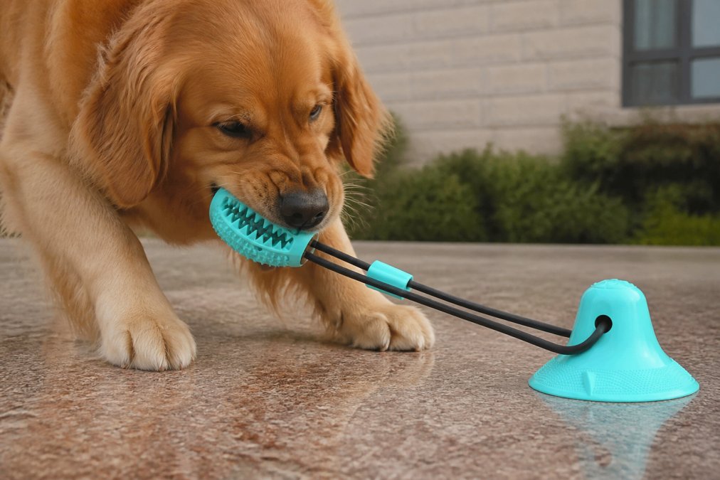 Close-up of a dog mid-chew showing intense jaw engagement on a durable toy, with visible muscle tension and focused bite force
