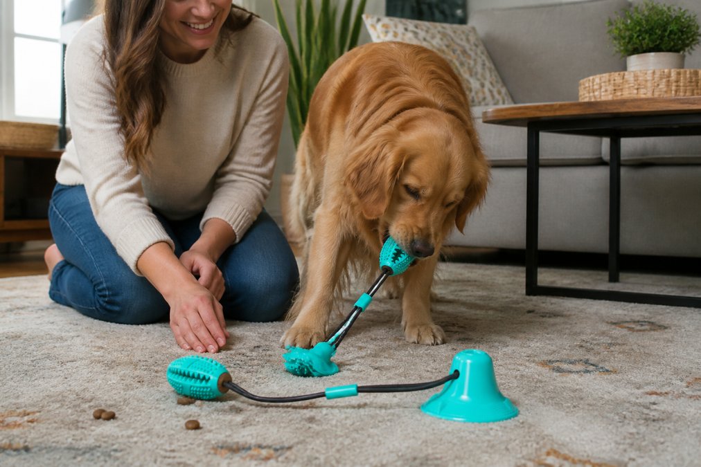 Dog owner supervising active play session with their dog engaging with an interactive toy on living room floor, hands nearby for safety monitoring
