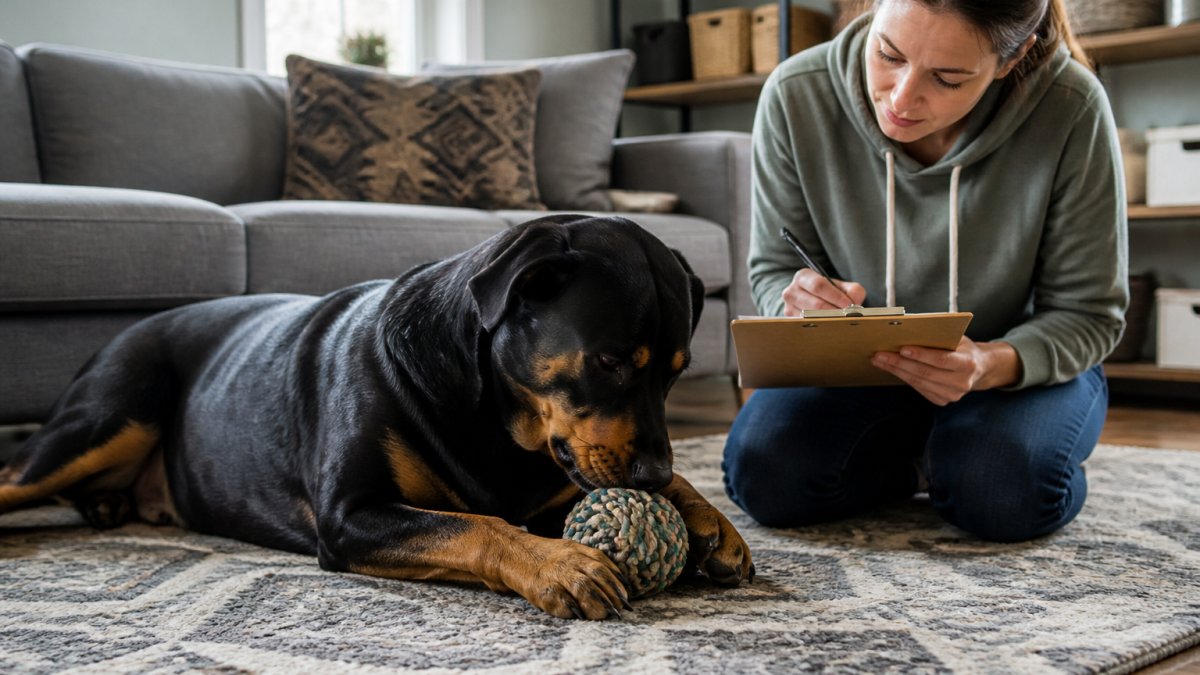 Owner taking notes on a clipboard while a large dog plays with a thick rope ball toy on a rug