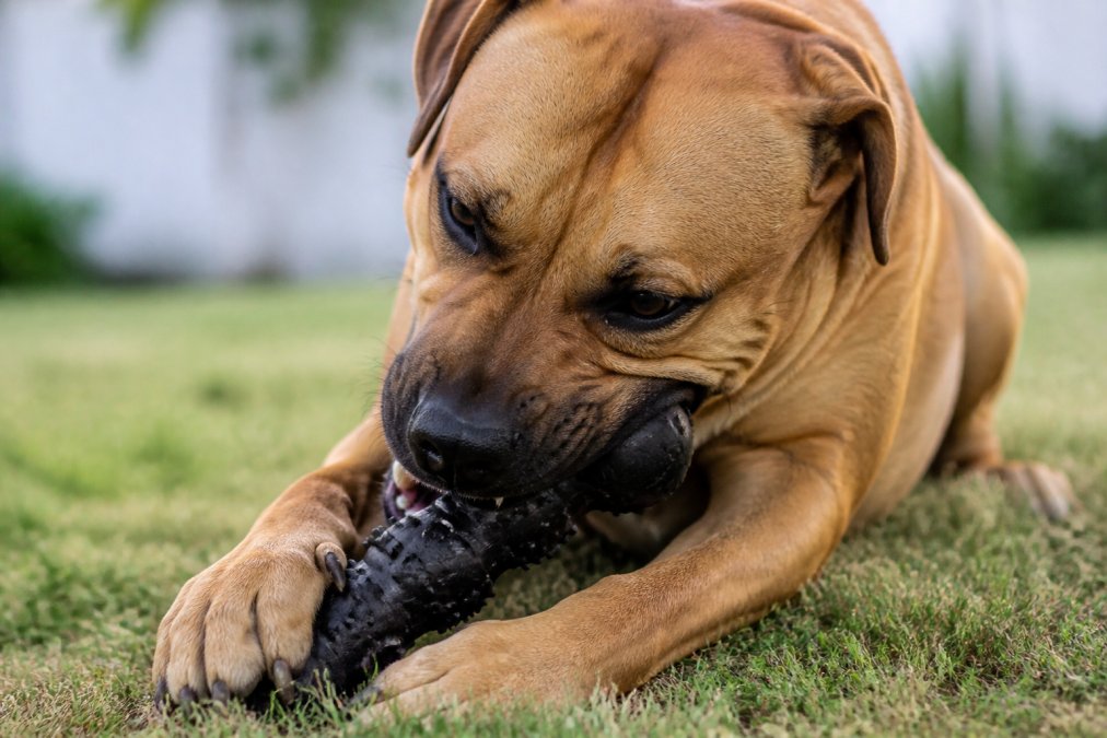 Close-up of a dog actively chewing on a durable toy with intense jaw pressure, teeth gripping reinforced rubber material, showing focused destructive behavior in natural daylight
