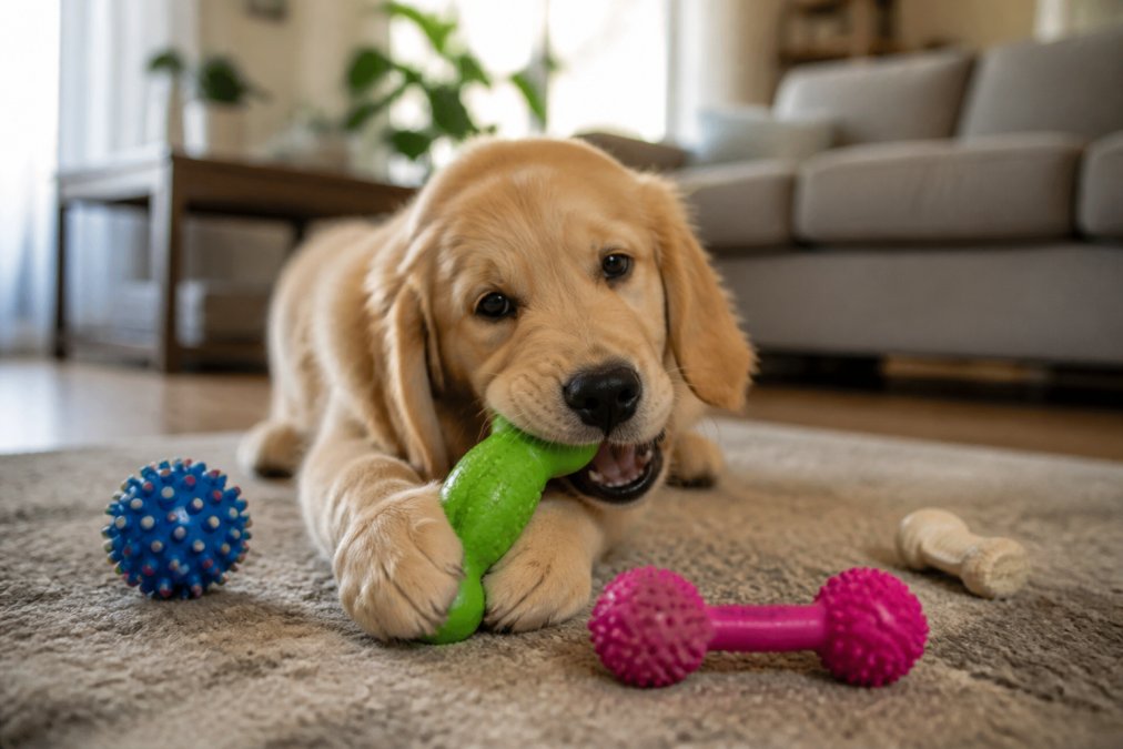 A golden retriever puppy enthusiastically chewing on a bright green rubber bone toy on a living room rug, with a few other durable chew toys scattered nearby