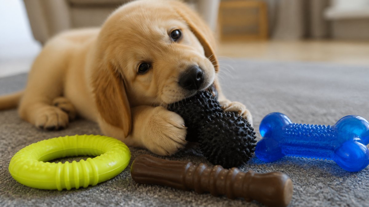Golden retriever puppy chewing on multiple rubber and nylon toys, close-up showing different textures and material surfaces, natural daylight