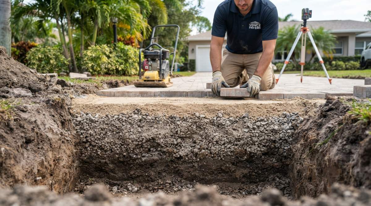 How to Choose Durable Driveway Pavers: A 2026 Guide 2 Cross-section diagram showing layered base structure with soil type identification, aggregate depth specifications, and compaction density callouts
