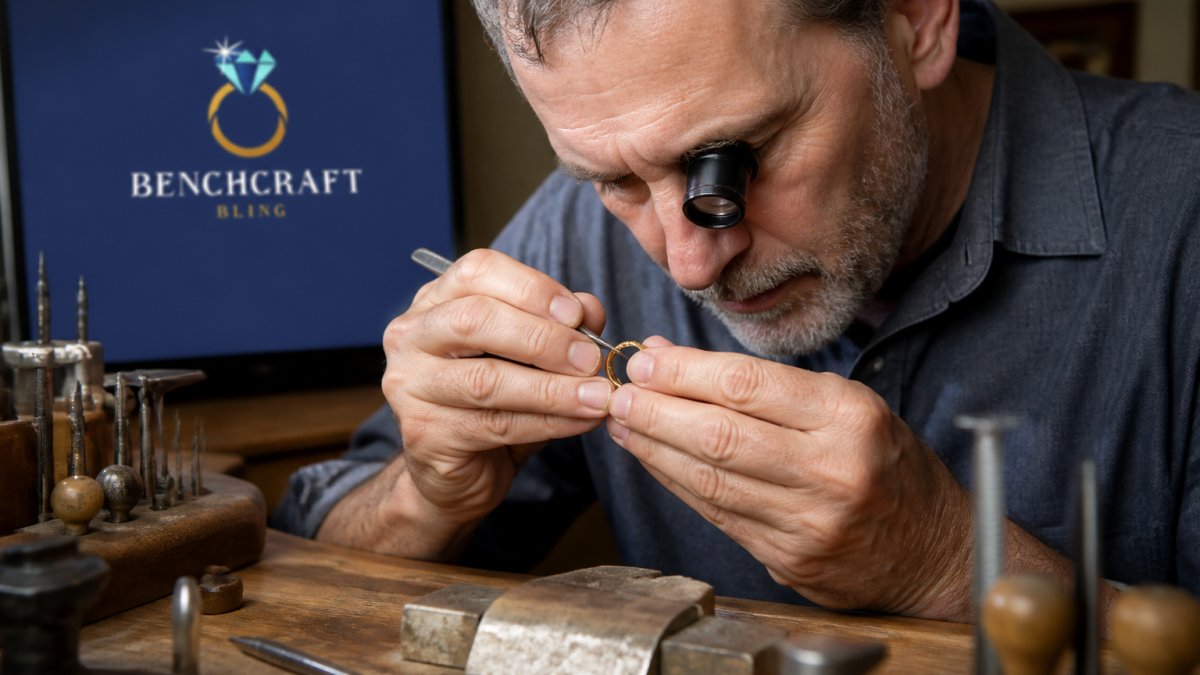 Master jeweler's hands carefully working on a delicate gold ring with precision tools and loupe, showing intricate detail work and handcrafted care under warm studio lighting