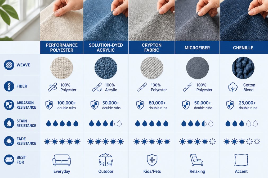 Close-up of hands examining different fabric swatches side by side, showing texture, weave density, and fiber composition with natural window lighting