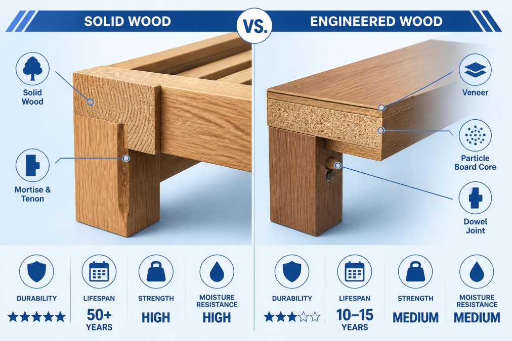 Cross-section view of solid wood and engineered wood furniture frame samples displayed side by side, showing grain patterns, layer construction, and joinery details with studio lighting