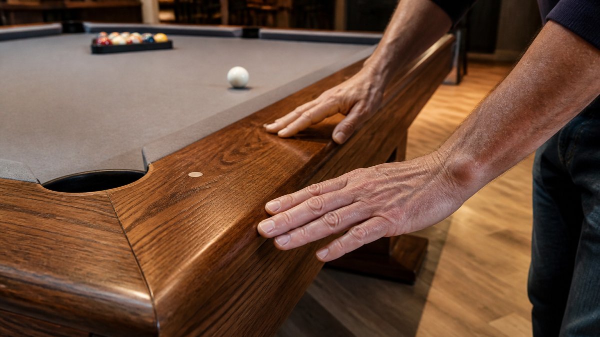 Diagram comparing the durability and grain texture of solid wood, engineered wood, and metal for game room furniture.