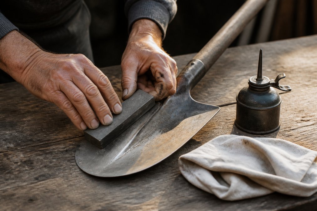 Close-up of a person's weathered hands using a sharpening stone on a garden spade blade, with a small oilcan and clean folded cloth resting on a wooden workbench beside the tool, photographed in soft afternoon light
