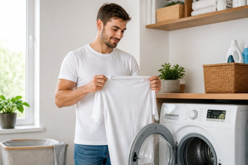 Person turning a graphic t-shirt inside out before placing it in a washing machine, demonstrating proper care technique in a modern laundry room with natural lighting