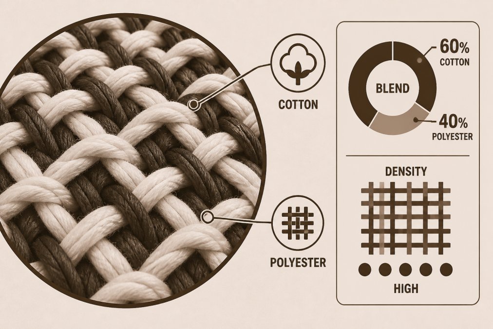 Close-up of fabric weave showing ring-spun cotton fibers interlocked with polyester strands, demonstrating blend density and texture under natural lighting