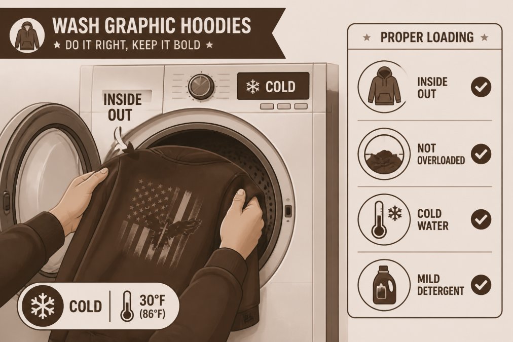 Hands placing a graphic hoodie inside out into a washing machine drum, showing proper loading technique with cold water setting visible on machine display