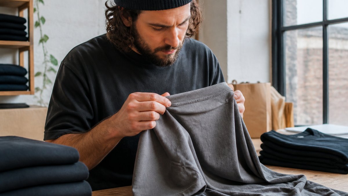 Close-up of hands examining the seams, collar, and double-needle stitching details of a heavyweight graphic tee under natural lighting