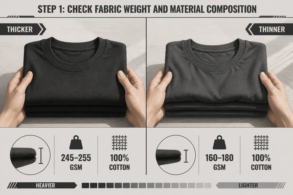 Close-up of hands holding two folded cotton t-shirts side by side, one visibly thicker and denser than the other, on a clean wooden table with natural light