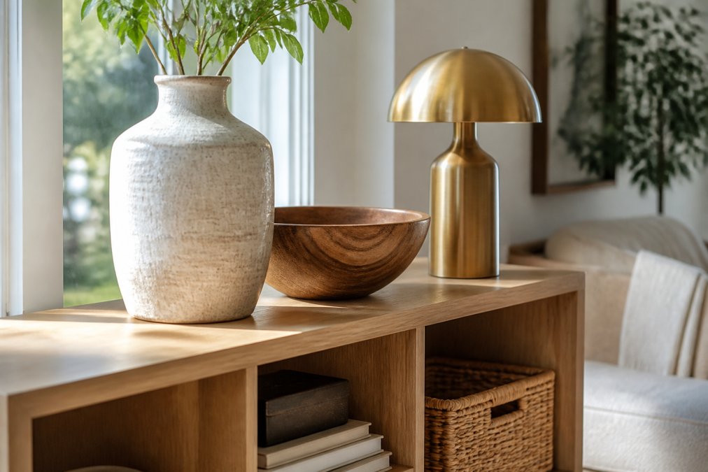 A bright modern living room shelf styled with a textured ceramic vase, a solid oak bowl, and a brushed brass lamp, natural window light catching the grain and glaze