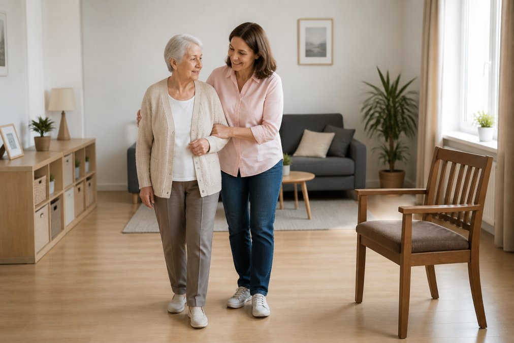 A family member gently guiding an elderly woman by the arm through a bright, clutter-free living room, with a sturdy wooden chair and clear walking path visible
