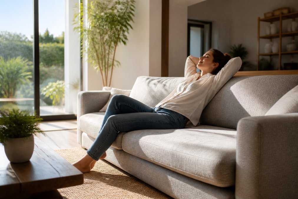 A bright modern living room with a person relaxing on a structured fabric sofa, sunlight streaming through large windows