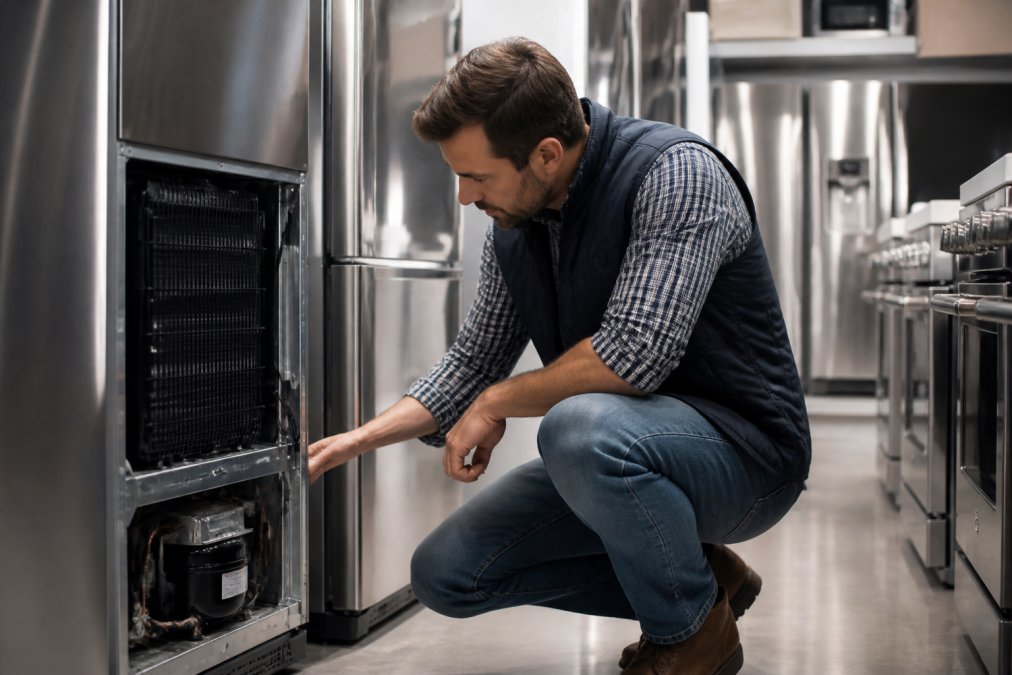 Close-up of a homeowner examining the interior components and build quality of a stainless steel refrigerator in a modern kitchen showroom