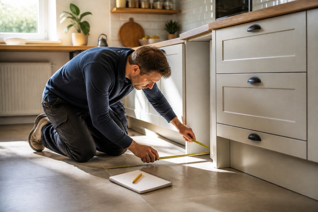 Homeowner kneeling with a tape measure checking the gap beside a kitchen cabinet, morning light through a window, notebook and pencil on the floor